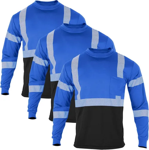 VENDACE Camisetas de seguridad reflectantes de alta visibilidad, paquete de 3 camisetas de trabajo de construcción de manga larga Hi Vis, para Azul