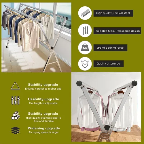 Miniatura 4 de AIODE Estante de secado de ropa plegable para ropa sucia, 79 pulgadas, de acero inoxidable, para exteriores, colgador de ropa para interiores
