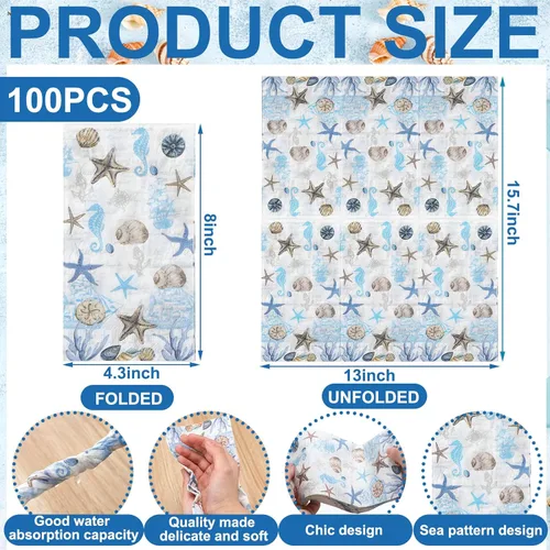 Miniatura 3 de Jetec 100 servilletas de papel de playa costeras para baño, desechables, para invitados, náutico, océano, mar, azul, estrella de mar, toallas