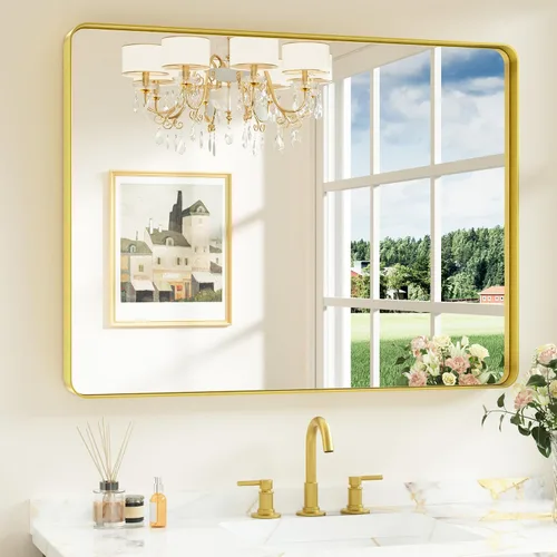 Miniatura 42 de Keonjinn Espejos de baño negros para sobre el fregadero, espejos cuadrados grandes de 36 x 36 pulgadas para pared, espejo rectangular redondeado
