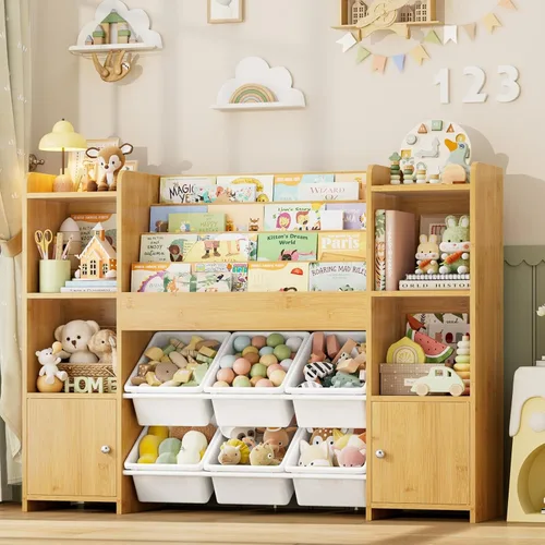 Miniatura 10 de FINETONES Organizador de almacenamiento de juguetes con 6 cubos de juguetes, organizador de juguetes para niños con 6 cubículos, organizadores