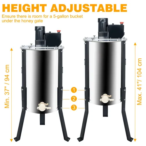 Miniatura 8 de Honey Lake Extractor eléctrico de miel de 3 marcos, tambor de acero inoxidable, velocidad y altura ajustables, motor silencioso de 140 W, tapa