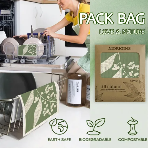 Miniatura 2 de Paños de cocina suecos para cocina, paquete de 6 paños de cocina de hojas verdes, paños de esponja de celulosa, toallas de papel reutilizables