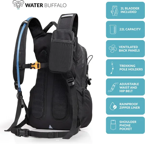 Miniatura 2 de Mochila de Hidratación Water Buffalo - Mochila de Senderismo Sherpa 22L con Vejiga de Agua - Mochila de Agua para Senderismo con Cremalleras