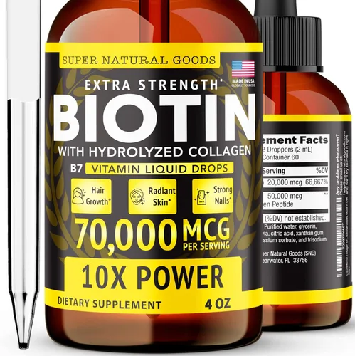 Super Natural Goods Liquid Biotin & Collagen - Gotas de vitamina para el crecimiento del cabello de 70,000 mcg - Piel radiante, fuerte soporte de