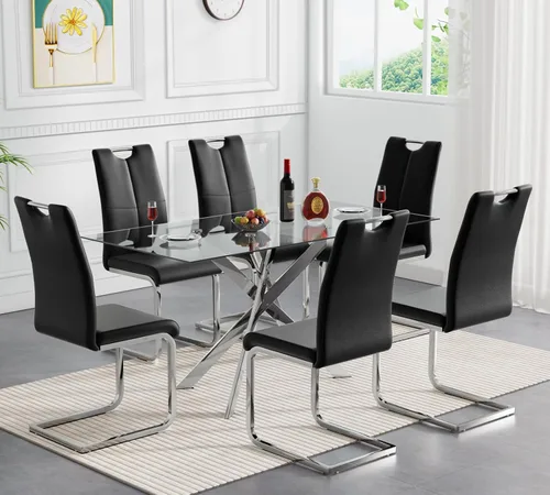 Miniatura 41 de Juego de mesa de comedor redonda de 3 piezas para 2, mesa de cocina moderna de vidrio plateado y sillas para 2 con sillas tapizadas, juego de mesa