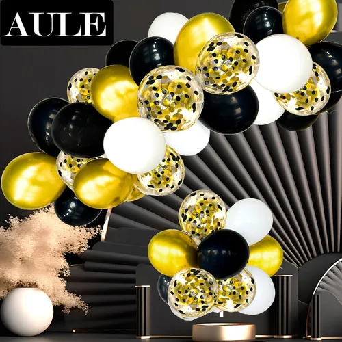 Miniatura 4 de AULE Globos de látex metálicos dorados y blancos de alta calidad, paquete de 60 globos de confeti de 12 pulgadas y oro negro con cintas doradas