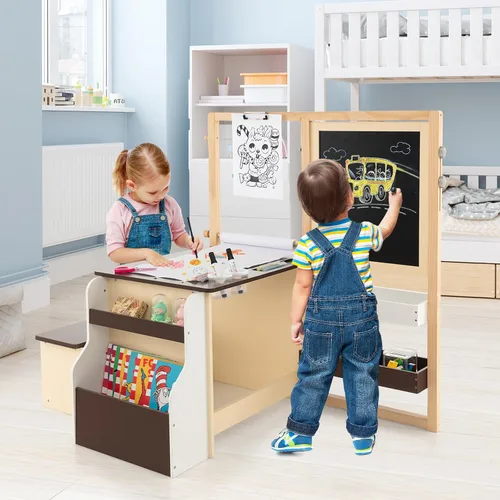 Miniatura 8 de Costzon Caballete para niños, centro de arte de madera con pizarra de doble cara y pizarra blanca, rollo de papel para dibujo, manualidades