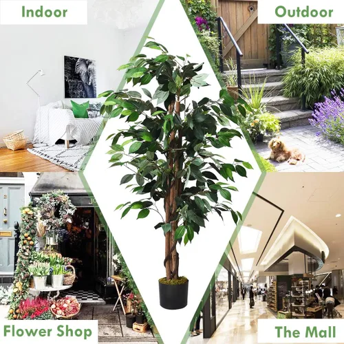 Miniatura 7 de Goplus Árbol de seda artificial de ficus de 4 pies, árbol falso en maceta con hojas verdes y tronco natural, sin mantenimiento, planta sintética