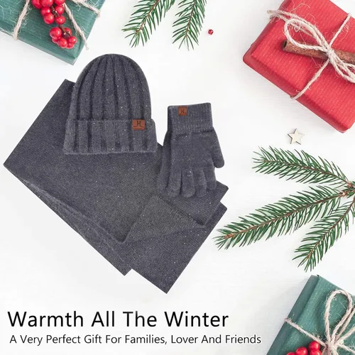 Miniatura 5 de FZ FANTASTIC ZONE Womens Winter Warm Knit Beanie Hats Gloves Touchscreen Long Scarf Set Skull Cap with Fleece Gifts for Women