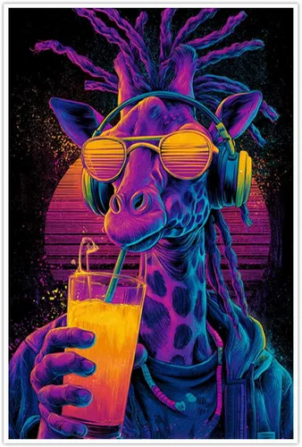 Vibrant Neon Giraffe Poster Synthwave Wall Art for Bedroom Living Room Decoration Cool Animal Print Groovy Retro Music Decor-Unframed-12x18inch