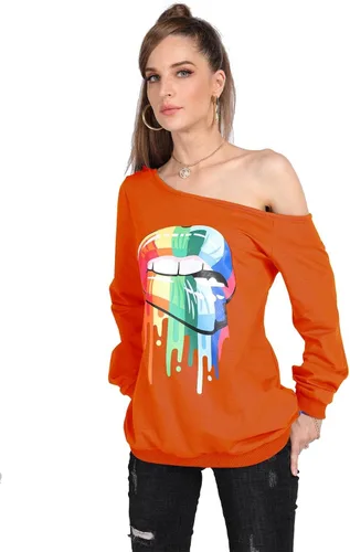 Miniatura 2 de MAGICMK - Suéter de hombros descubiertos y manga larga para mujer, blusas informales con estampado de labios, tallas extragrandes, holgadas