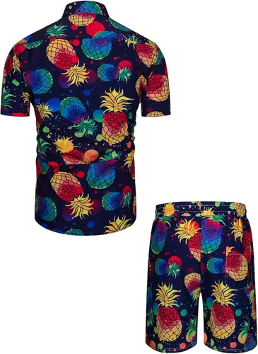 Miniatura 2 de fohemr Mens Hawaiian Shirt and Short Beach Set Match Tropical PineappleFlamingo Pattern Outfits Short Sleeve Short 2 PC