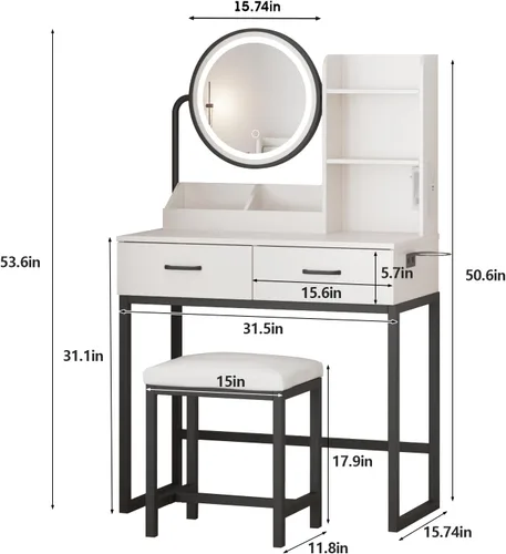 Miniatura 7 de Vabches Tocador de maquillaje con espejo redondo y luces, mesa de maquillaje blanca con estación de carga, mesa de tocador pequeña para dormitorio