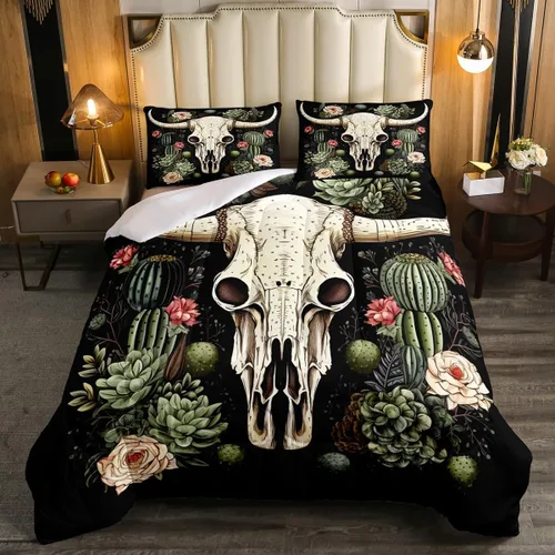 Erosebridal Juego de ropa de cama de calavera de vaca bohemia tamaño individual para vaquero occidental, diseño de cactus y esqueletos negros, juego