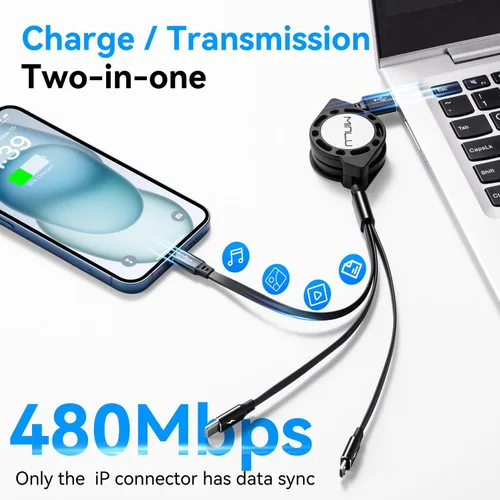 Miniatura 3 de MINLU Cable de carga múltiple 3A, paquete de 2 cables de carga múltiple retráctiles de 4 pies 3 en 1, adaptador de cargador USB C con puertos