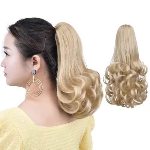 Extensiones de cola de caballo rubias con clip de garra falsa, extensión de cabello sintético de 12 pulgadas, ondulado, 3.8 onzas, extensiones de