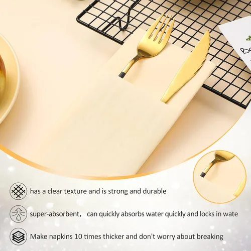 Miniatura 4 de Cindeer 150 piezas de servilletas de cena con sensación de lino champagne con bolsillo plano incorporado para cubiertos, preplegadas, servilletas