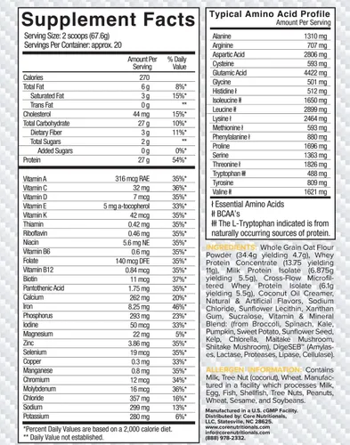 Miniatura 3 de Core Nutritionals MRP Reemplazo de comidas de espectro completo Mezcla de proteína de suero + mezcla de carbohidratos de bajo índice glucémico