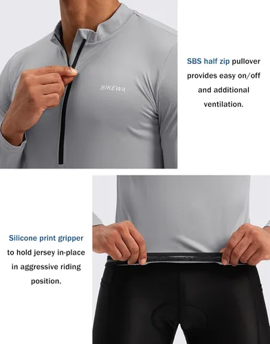 Miniatura 4 de Bikewa Maillot de ciclismo para hombre con 3+1 bolsillos traseros con cremallera, manga larga, absorción de humedad, UPF 50+ media cremallera