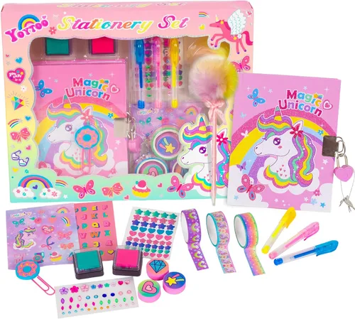 Regalos de unicornio para niñas de 5, 6, 7, 8, 9, 10-12 años, juego de papelería de unicornio para niños con diario secreto, sellos, bolígrafos, Set