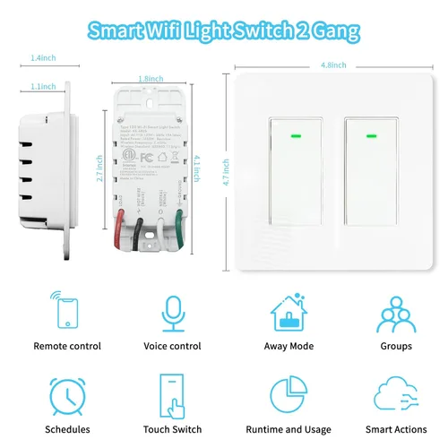 Miniatura 3 de Interruptor de luz inteligente de 2 bandas (botón), interruptores de luz WiFi inteligentes dobles, interruptor inteligente compatible con Alexa