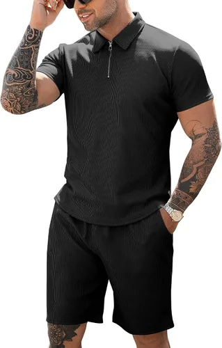 URRU Conjunto de camisa polo y pantalones cortos para hombre, trajes de verano casuales de manga corta para hombre, conjunto de 2 piezas con