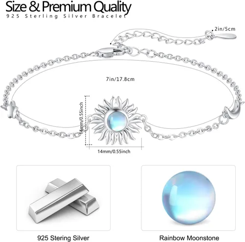 Miniatura 5 de CUOKA MIRACLE Pulseras de sol de piedra lunar, pulsera de plata de ley 925 de 7 pulgadas + 2 pulgadas, pulsera de cadena de eslabones ajustables