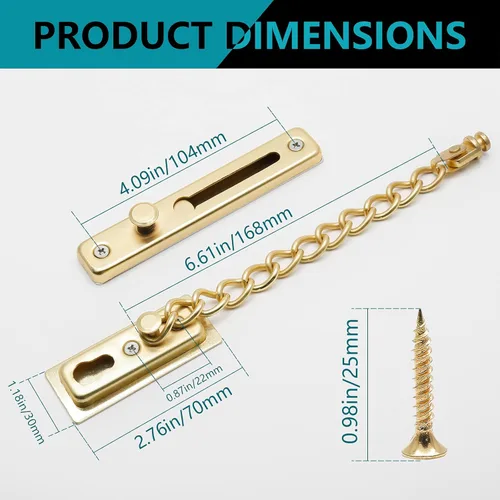 Miniatura 2 de Bonsicoky Paquete de 2 cerraduras de cadena de puerta con resorte, protector de cadena de seguridad de acero inoxidable, cerradura de prensa Oro