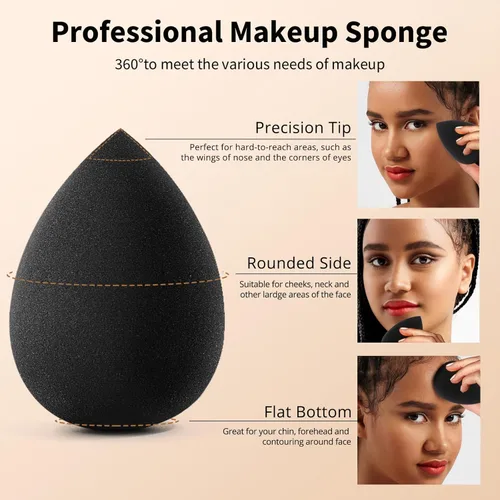 Miniatura 3 de BEAKEY Juego de esponjas de maquillaje, 5 esponjas de mezcla de base, esponjas de belleza impecables para líquidos, crema y polvo, esponjas de Negro