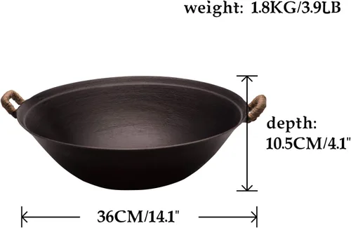 Miniatura 2 de ZhenSanHuan Wok de hierro fundido hecho a mano, sin revestimiento, sin pintura, saludable, fondo plano, apto para inducción (14.2 pulgadas)