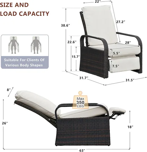 Miniatura 2 de Babylon Silla reclinable de mimbre ajustable para exteriores con cojines de 5.5 pulgadas de grosor y reposapiés, marco de aluminio resistente al