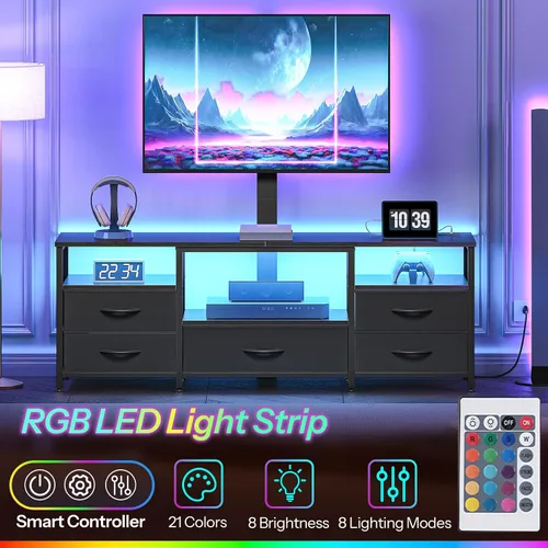 Miniatura 3 de HOOBRO Soporte de TV con soporte y toma de corriente, para televisores de 32/45/55/60/65 pulgadas, centro de entretenimiento LED giratorio