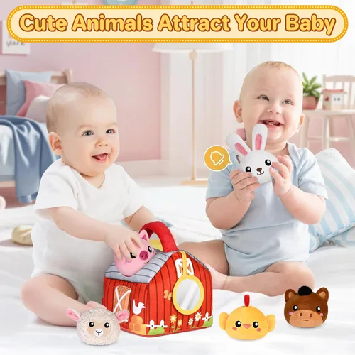 Miniatura 3 de Juguetes para bebés de 0-6 6-12 meses, granero rojo grande de felpa con animales de granja, juguetes sensoriales suaves con crujido, sonajeros