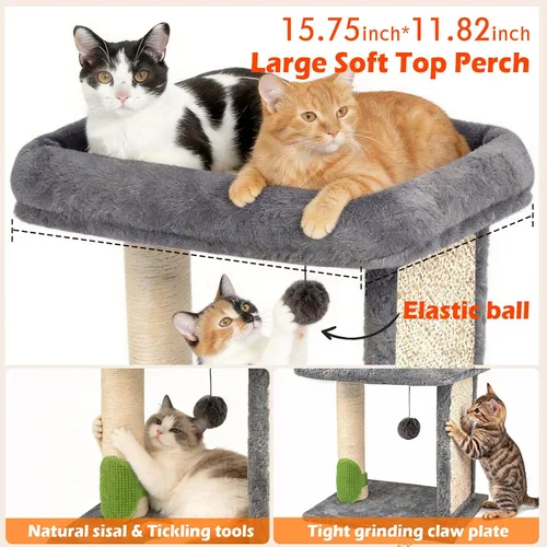 Miniatura 2 de Poste rascador para gatos pequeño con auto peluquero para gatos, cama superior de 17.3 x 13.4 pulgadas de ancho, poste de rascador natural y bola