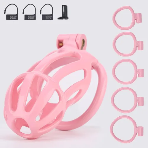 Miniatura 10 de Jaula de castidad masculina, dispositivo de castidad grande con anillos de 5 tamaños y bloqueo invisible para el pene, equipo de bondage