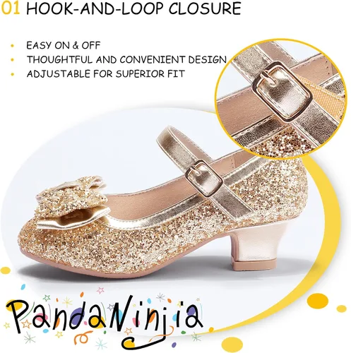 Miniatura 28 de PANDANINJIA Vestido de jada para niñas y niños pequeños, zapatos de princesa Mary Jane con tacones con lazo para fiesta, boda, boda