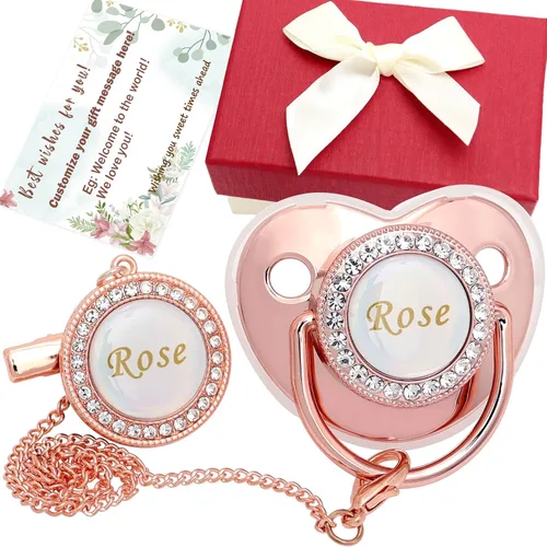 Miniatura 8 de Juego de chupete personalizado con nombre, sin BPA, dorado, plateado, rosa, oro rosa, lujoso, regalo ideal para recién nacidos (plateado)