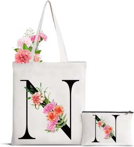 Miniatura 22 de Bolsa de lona con letra inicial personalizada, regalo para el día de la madre, damas de honor, novia, cumpleaños, boda Flower-D