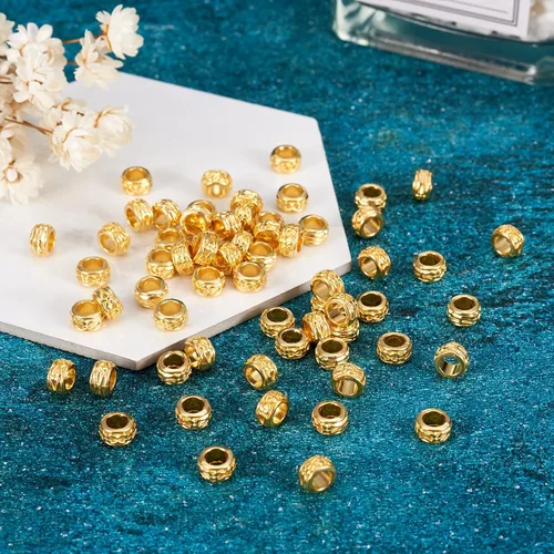 Miniatura 2 de KISSITTY 100 cuentas espaciadoras de Rondelle doradas antiguas con agujero grande de metal, cuentas sueltas de 0.236 pulgadas de diámetro