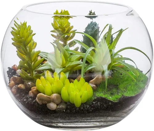 Restaurantware - Suculenta sintética de 7 x 5.5 pulgadas, 1 suculenta artificial - En terrario de cristal de pecera, úsalo como decoración de mesa o