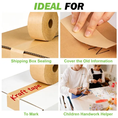 Miniatura 6 de Cinta de papel Kraft activada por agua 2.75 pulgadas x 450 pies Cinta de embalaje marrón reforzada Cinta de cartón fuerte para caja de embalaje