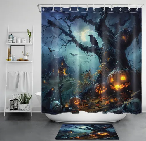 Miniatura 11 de HVEST Cortina de ducha de Halloween, linterna de calabaza y gnomo, cortina de ducha de baño, cortina de ducha de murciélago y araña, decorativa