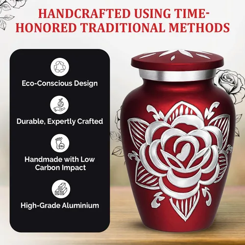 Miniatura 8 de Urna de Cremación de Rosa para Cenizas para Mujeres y Hombres - Urnas de Rosa Artesanales para Cenizas Humanas Adultas Femeninas y Masculinas - Rojo