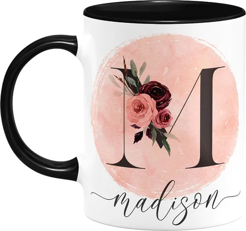 Taza de café personalizada con letra inicial de nombre, doble cara, color negro, de 11 o 15 onzas, taza de cerámica personalizada, regalos de