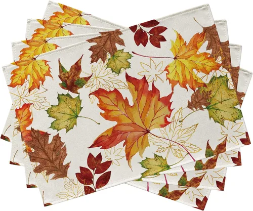Seliem Juego de 4 manteles individuales de hojas de arce otoñales, manteles individuales de otoño con hojas doradas y rústicas para mesa de comedor,