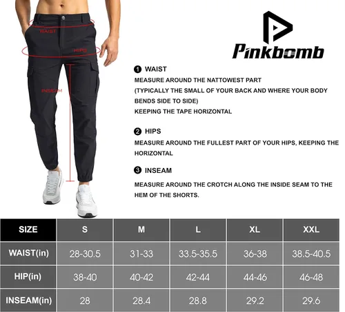 Miniatura 6 de Pinkbomb Pantalones cargo de senderismo para hombre con 7 bolsillos, elásticos, pantalones de trabajo para hombre