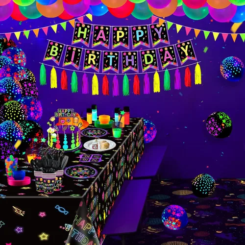Miniatura 5 de Paquete de 247 suministros de fiesta de neón que brillan en la oscuridad, decoraciones de fiesta con luz negra, platos, pancartas de luz negra