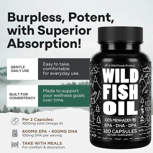 Miniatura 4 de Wild Foods Suplemento de aceite de pescado Omega 3, 120 cápsulas (1 paquete) Salvaje, Burpless, inodoro, sin OMG, sin gluten DPA, DHA, EPA