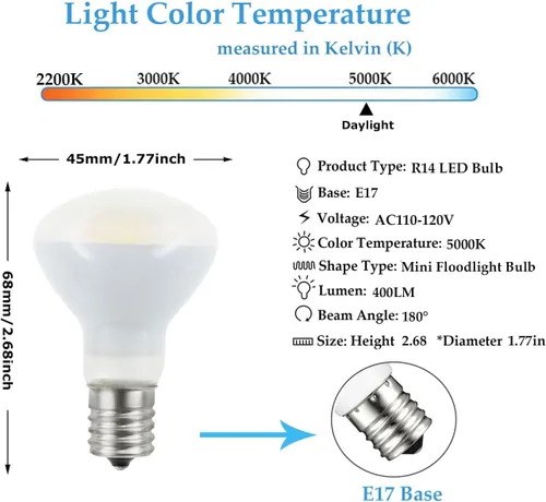Miniatura 2 de 2-Pack E17 R14 LED Bulb, 4W Daylight 120V E17 Intermediate Base Mini Reflector Floodlight Light Bulb, Non dimmable